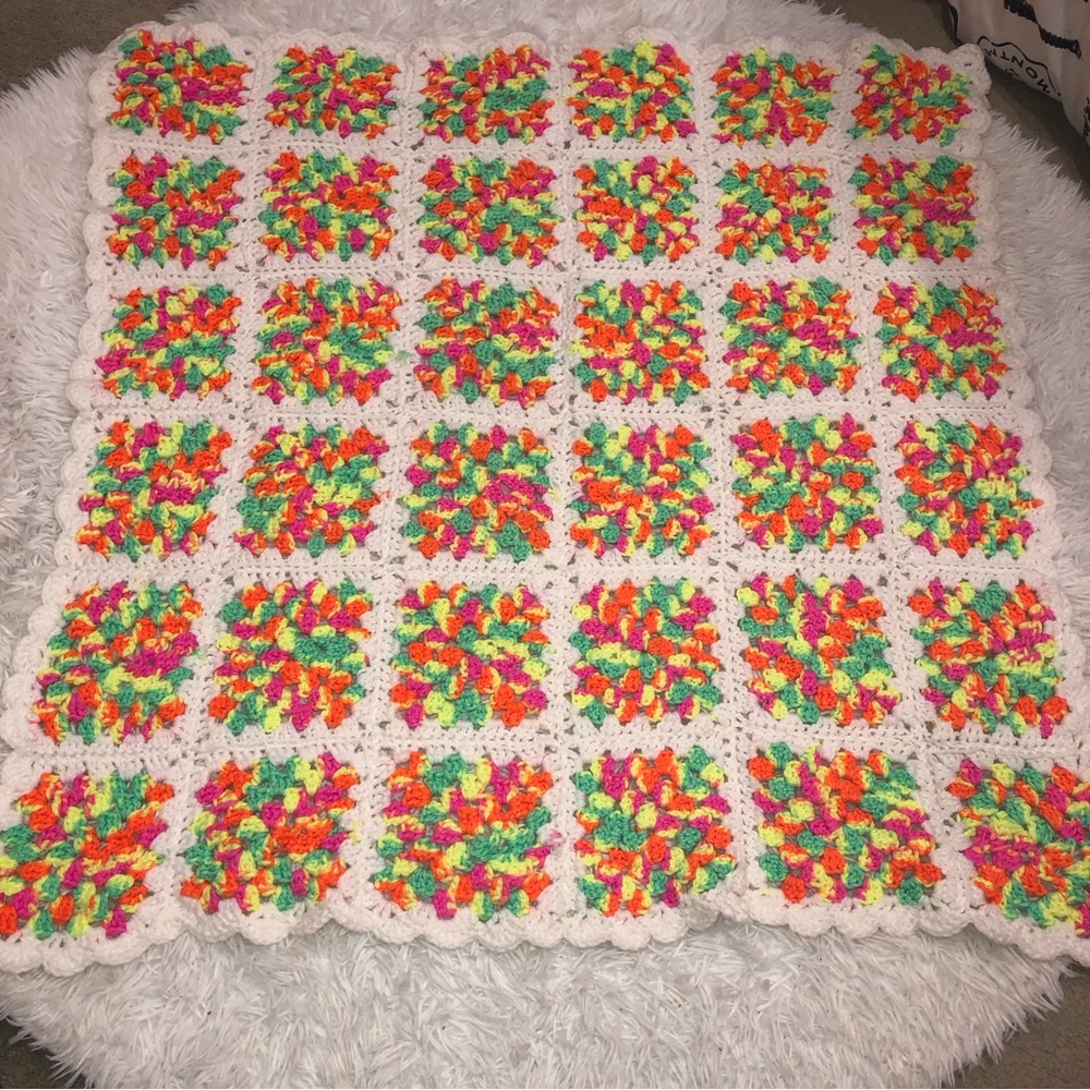 Handmade Crochet Blanket Granny Squares Bright Multi Color Blanket 35” x 34”